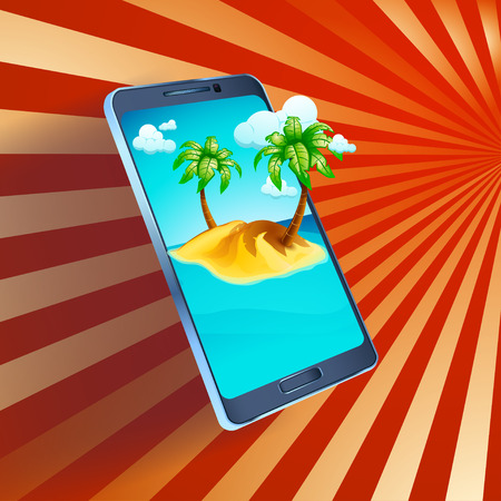 illustration of smartphone with island on screen on red shiny backgroundのイラスト素材
