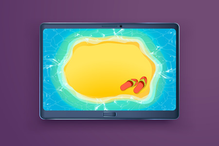 illustration of tablet with island picture on screen on violet backgroundのイラスト素材