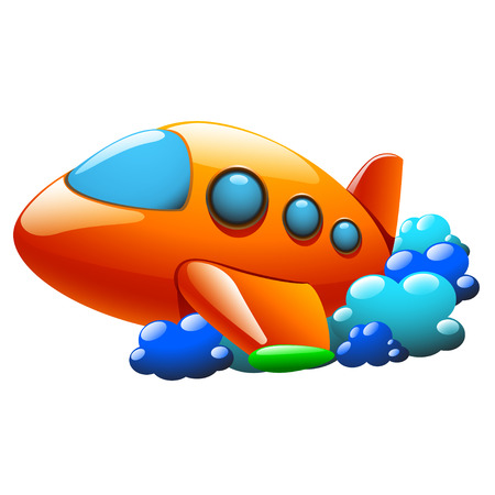illustration of red orange cartoon airplane flying with cloudsのイラスト素材