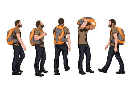 illustration of set of colored male tourist in different poses on white backgroundのイラスト素材