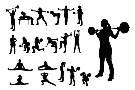 illlustration of female silhouette in different poses working outのイラスト素材