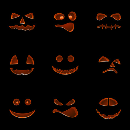 Illustration of set of different Halloween pumpkings on one screen with reflectionのイラスト素材