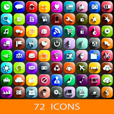 illustration of set of 72 different icons for anything. each icon has shadow and different color. on black backgroundのイラスト素材