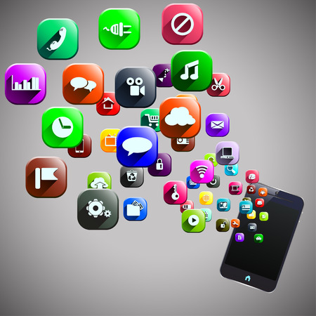 illustration of smart phone and lot of different symbols flyingのイラスト素材