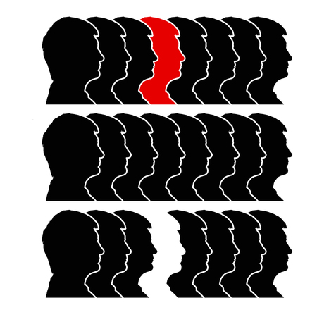 illustration of line of head silhouettes in black colour and one red or white. isolatedのイラスト素材