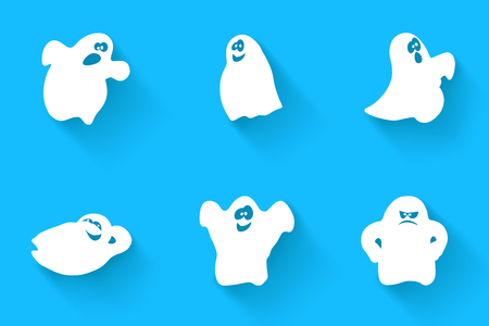 illustration of set of different white color ghosts on blue backgroundのイラスト素材