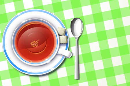illustration of cup of tea on green tableclothのイラスト素材
