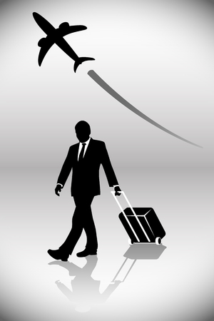 illustration of airplane and walking businessman with caseのイラスト素材