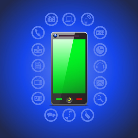 illustration of smart phone tool icons such as phone, camera, computer, internet, joypad, clock, headphones mail and other on blue backgroundのイラスト素材