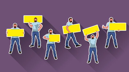 illustration of set of man with beard holding in different poses banner with shadowのイラスト素材