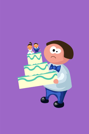 illustration of waiter carry a cake with groom and bride figures
