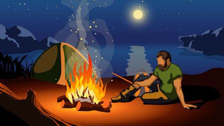 illustration of man sitting near fire on beach at nightのイラスト素材