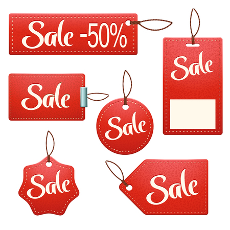 illustration of set of different types of sale labels red colored on white backgroundのイラスト素材