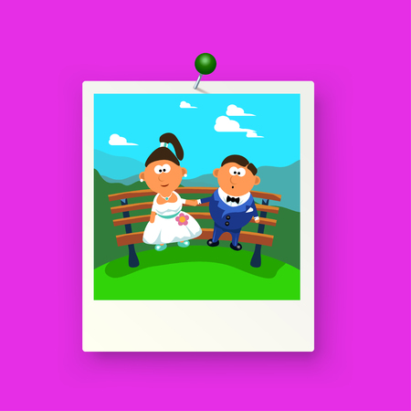 illustration of wedding picture with groom and bride sitting on benchのイラスト素材