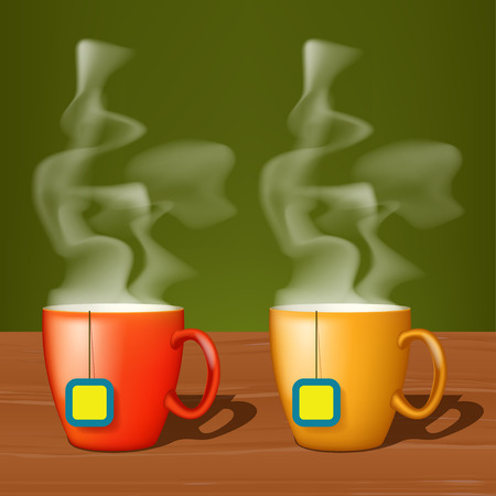 illustation of two cups of tea standing on wood surface with steamのイラスト素材