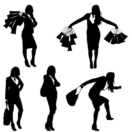 set of different poses with bags on shopping silhouettes. woman. isolated on white backgroundのイラスト素材