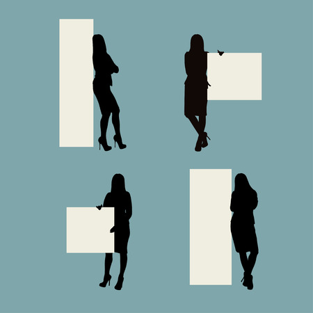 illustratio nof staying woman near banner in different posesのイラスト素材