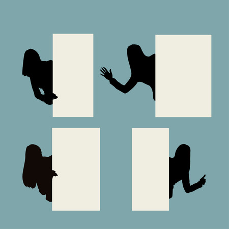 illustration of set of woman pointing in different poses to bannerのイラスト素材