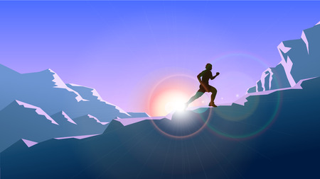 illustration of running man on mountain at sunsetのイラスト素材