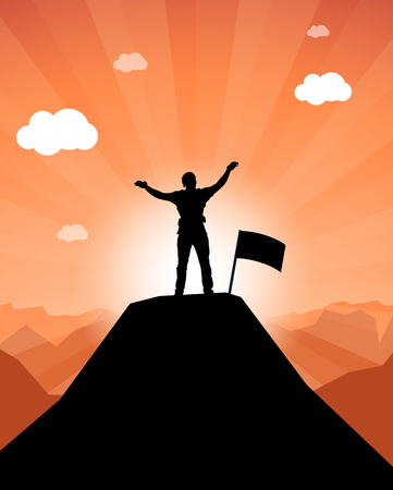 illustration of male silhouette staying on edge of mountainのイラスト素材