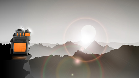 illustration of house and mountains with sun lightsのイラスト素材