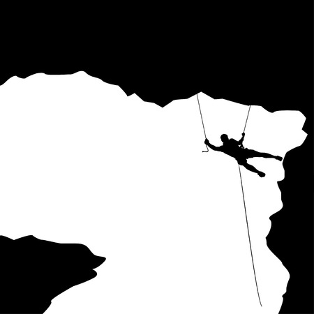 illustration of black color male rock climber silhouette in a big caveのイラスト素材