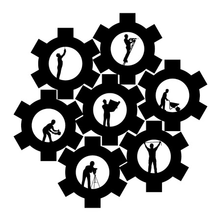 illustration of teamwork different builders silhouettes on white backgroundのイラスト素材