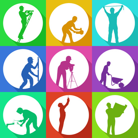 illustration of set workers colored silhouettes with shadowsのイラスト素材