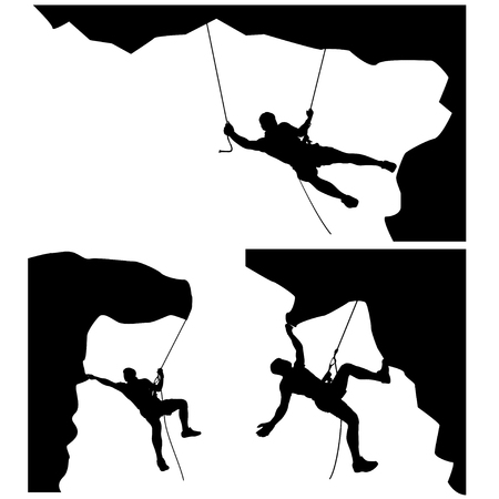 illustration of set of male rock climber silhouette in differrent situations on white backgroundのイラスト素材