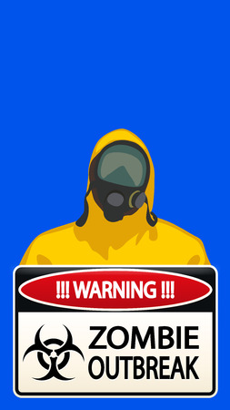 illustration of man in yellow biohazard protective siut with zombie sign on blue backgroundのイラスト素材