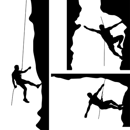 illustration of set of male rock climber silhouette in differrent situations on white backgroundのイラスト素材