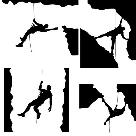 illustration of set of male rock climber silhouette in differrent situations on white backgroundのイラスト素材