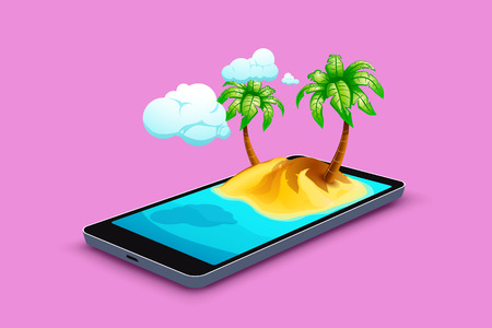 illustration of lying smartphone on pink background with island on screenのイラスト素材