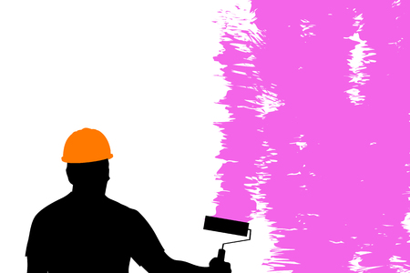 illustration of male painter with helmet with brush painting pink colorのイラスト素材