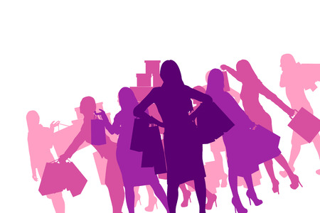illustration of woman shopping silhouette pink color on white backgroundのイラスト素材