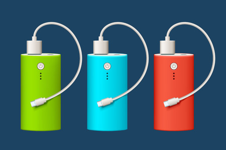 illustration of three different color powerbank and micro usb cableのイラスト素材