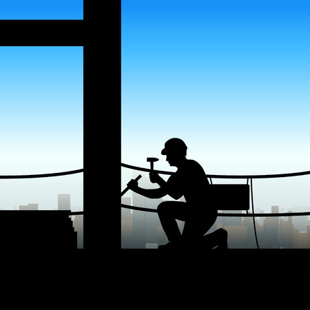 illustration of male builder silhouette working in front on big cityのイラスト素材