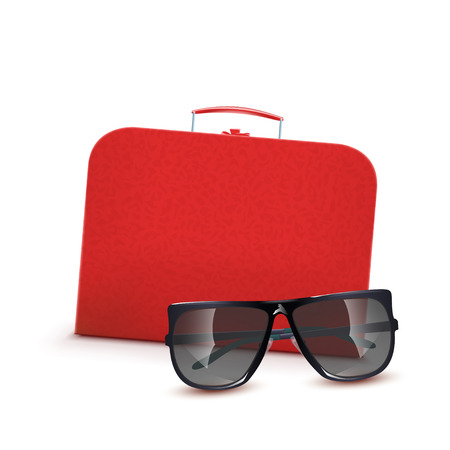 Illustration of leather red suitcase with sunglasses.のイラスト素材