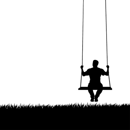 Illustration of male silhouette sitting on swing with grass on white backgroundのイラスト素材