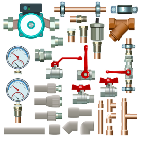 Illustration of big various heating set of pipes and other equipment isolated on white backgroundのイラスト素材