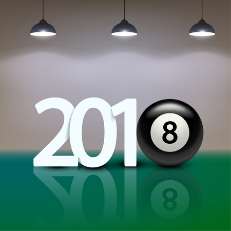 illustration of new year numbers with billiard ball as eight on green background with lightsのイラスト素材