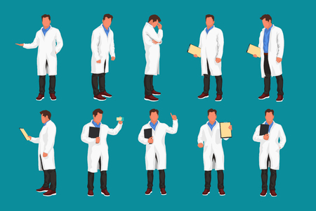 illustration of colored doctor set in different poses isolated on white backgroundのイラスト素材
