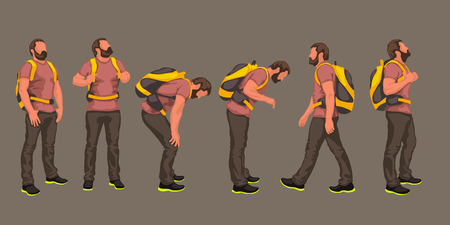 illustration of male tourist with backpack hiking set in different poses on dark backgroundのイラスト素材