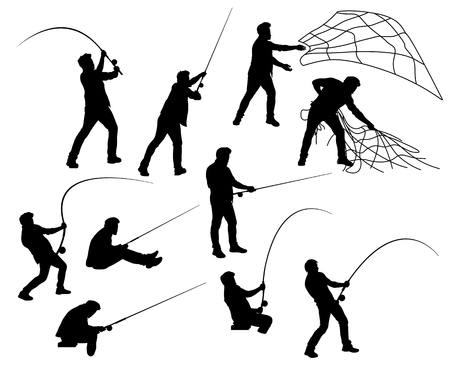 illustration of fisherman silhouette set isolated on white background in different posesのイラスト素材