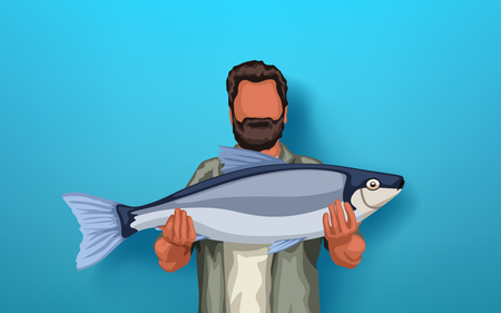 illustration of fisherman holding big fish on blue background with soft shadowのイラスト素材