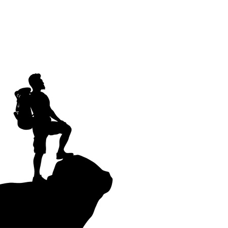 illustration of black male tourist silhouette staying on top of cliffのイラスト素材