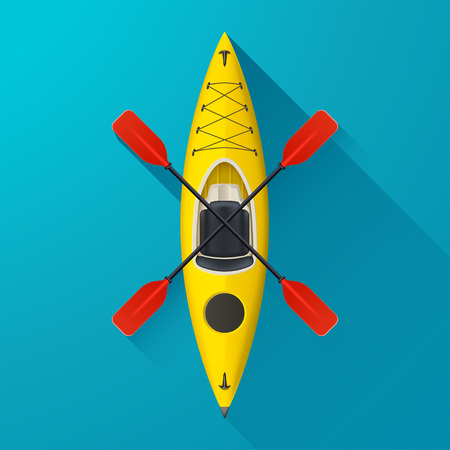 illustration of yellow kayak on blue background with shadowのイラスト素材