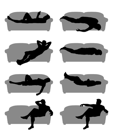 illustration of male silhouette resting on a couch in set isolated on white backgroundのイラスト素材