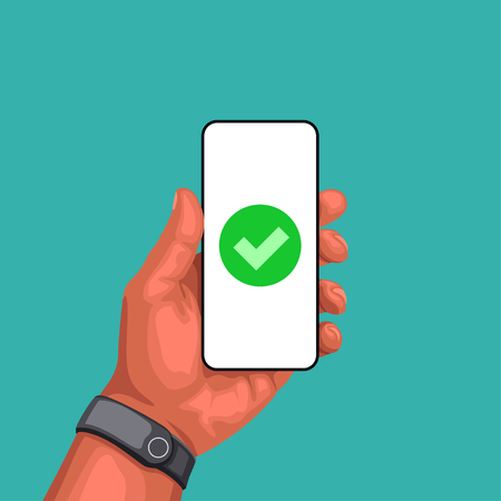 illustration of hand holding smartphone and there is a success sign on screen isolated on blue backgroundのイラスト素材
