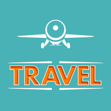 illustration of white color silhouette airplane with travell letters on blue backgroundのイラスト素材
